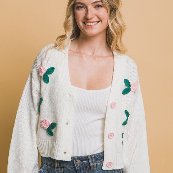 White Mid Cropped Flower Cardigan - Picture 4 of 4